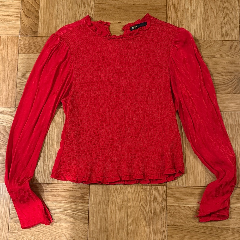 Maje Scarlet Red Blouse with Ruffled Neckline